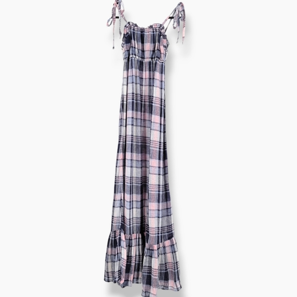 Aqua Dresses & Skirts - AQUA Linen Plaid Prairie Maxi Dress Navy